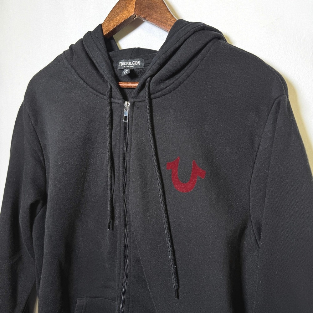True Religion Mens Black Zip Up Hoodie Red Flocked World Tour Graphic Large